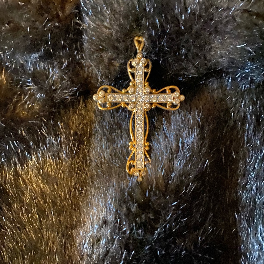 Ornate Gold Tone and Clear Crystals Cross